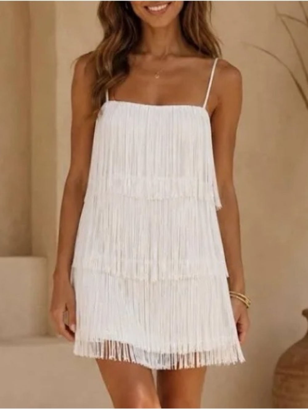 A new day Tiered Fringe Spaghetti-Strap Mini Dress in White
